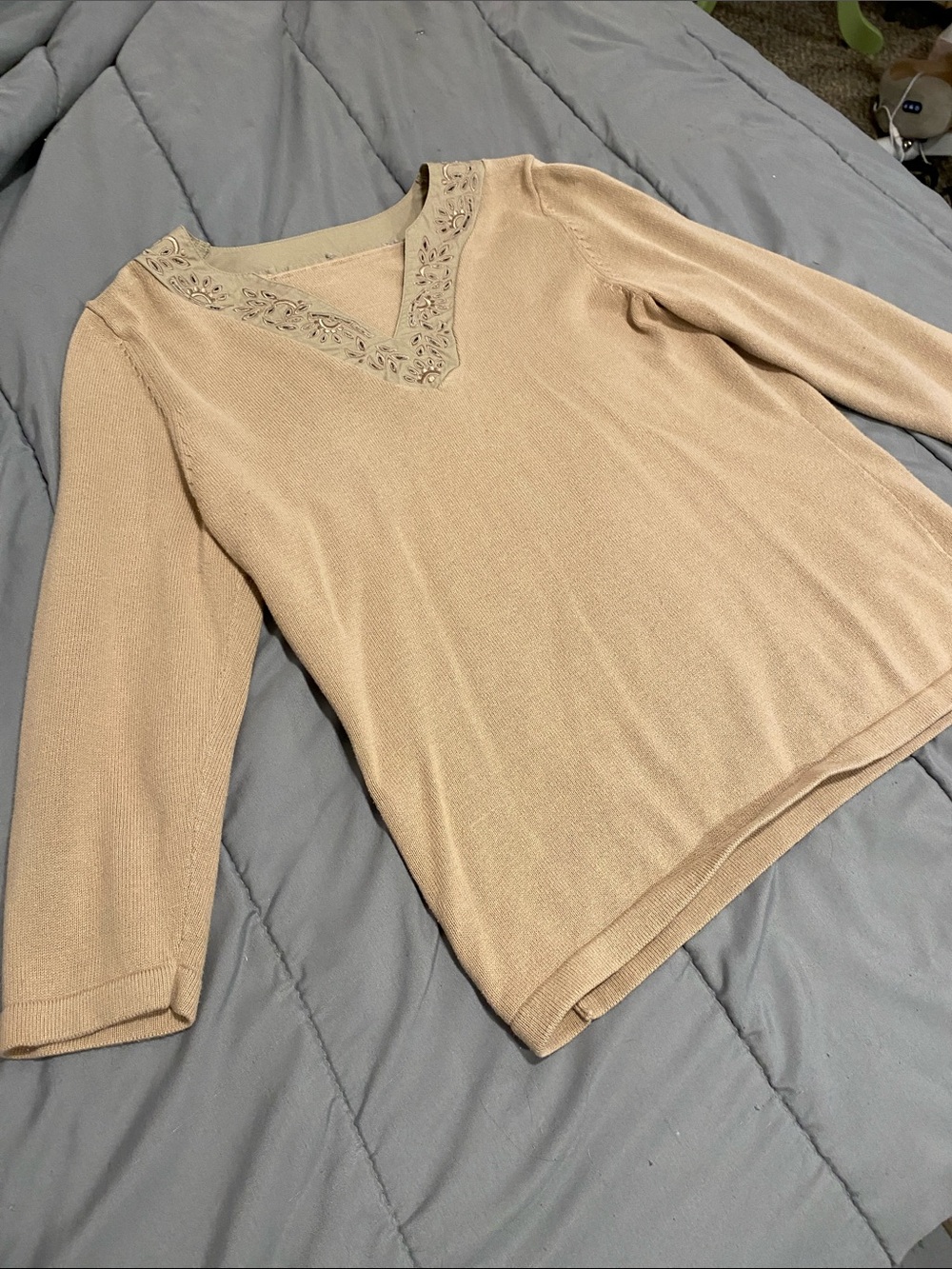 Classic V-Neck Embellished Women's Top - Tan